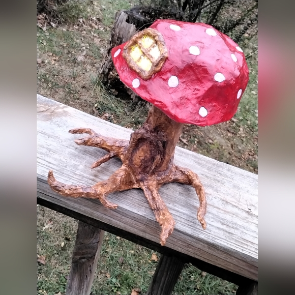 Paper mache tree with bright red mushroom cap..fairy house... - Picture 6 of 7
